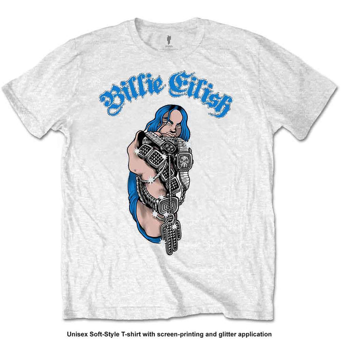 Billie Eilish Bling Glitter Print White Large T-Shirt