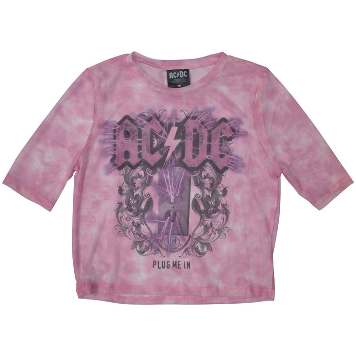 AC/DC Plug Me In Pink Mesh Cropped Ladies X-Small T-Shirt