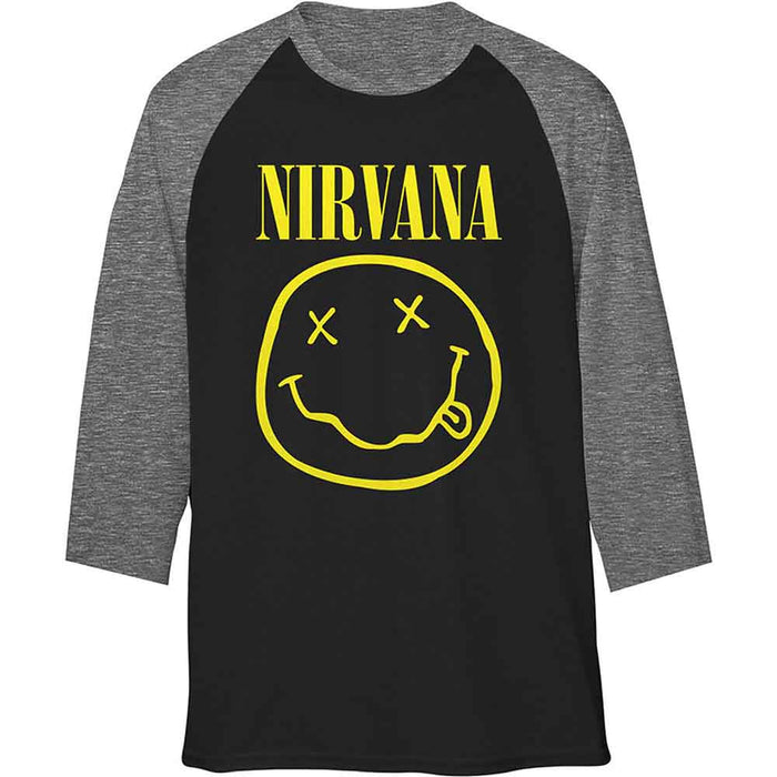 Nirvana Yellow Happy Face Raglan Black Large Unisex T-Shirt