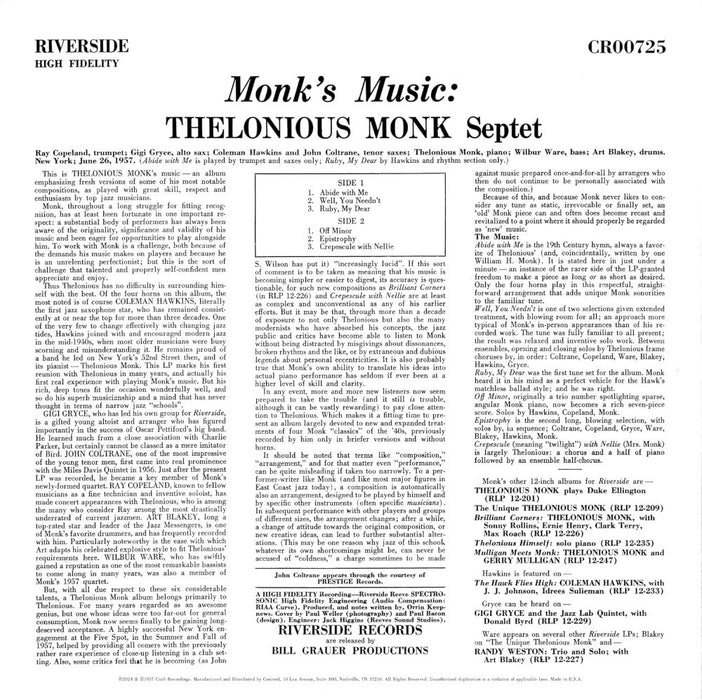 Thelonious Monk Septet Monk's Music (Original Jazz Classic's Series) Vinyl LP 2024