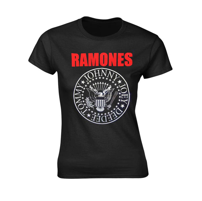 RAMONES Red Text Seal Logo WOMENS Black LARGE T-Shirt NEU